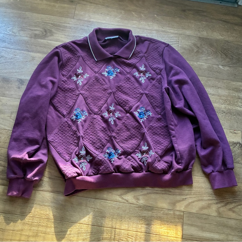 Vintage 90s Quilted Floral Sweater • Mauve/Maroon •  Women’s Large